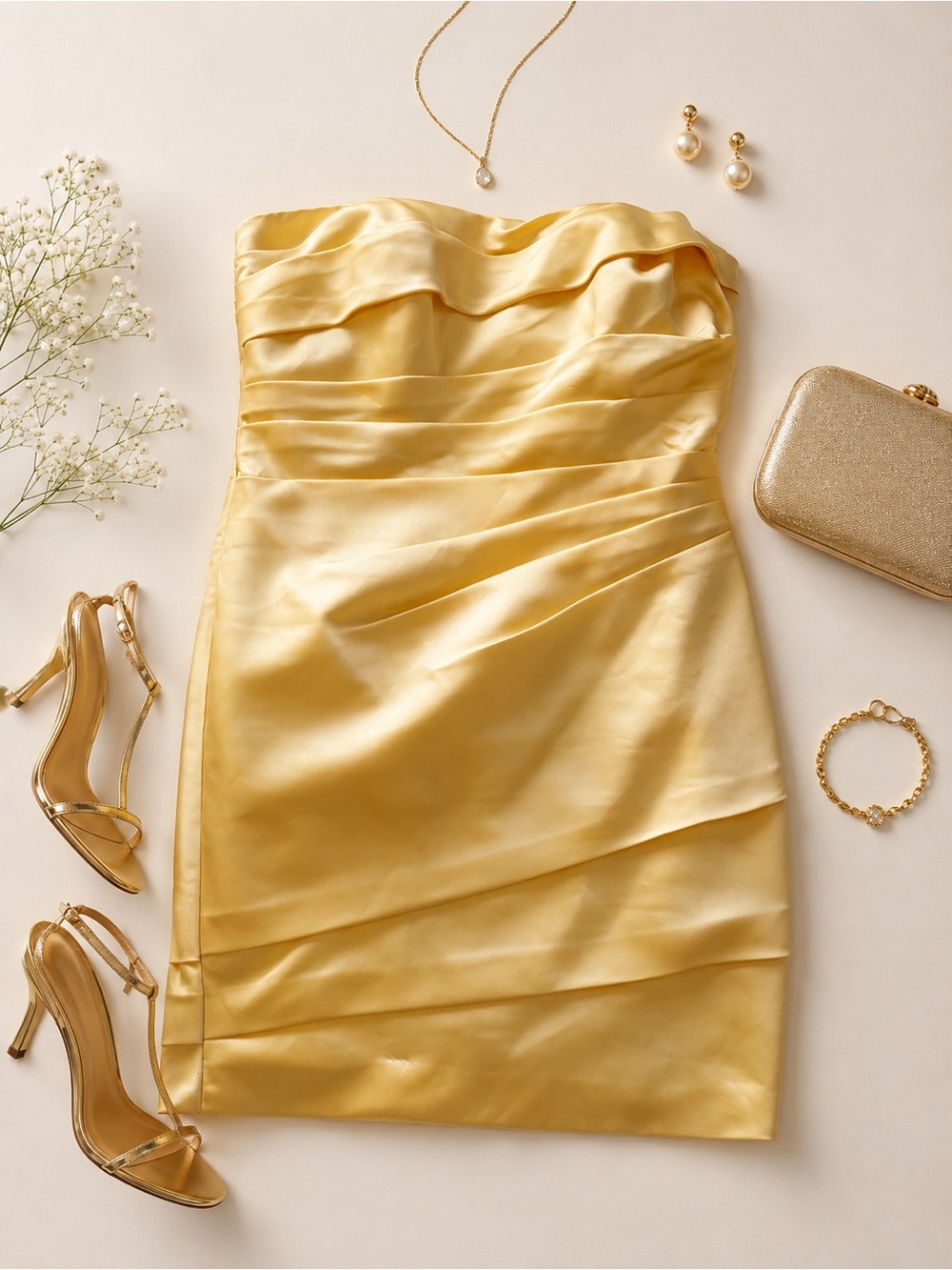 David's Bridal Strapless Satin Cocktail Dress in Pale Yellow